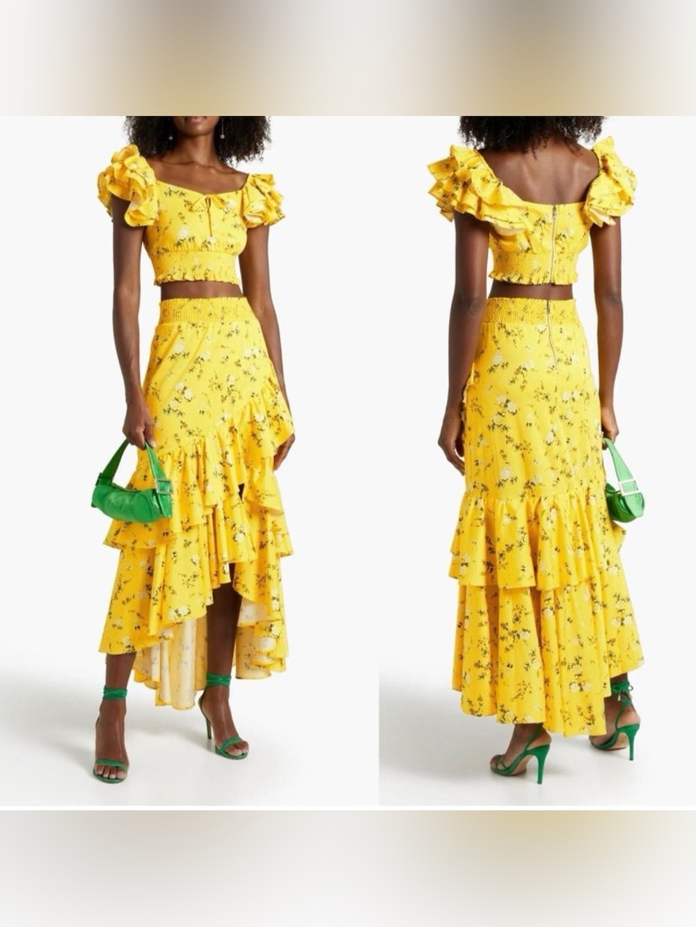 Alice + Olivia Yellow Floral Ruffle Two Piece Crop Top High Low Skirt Set S